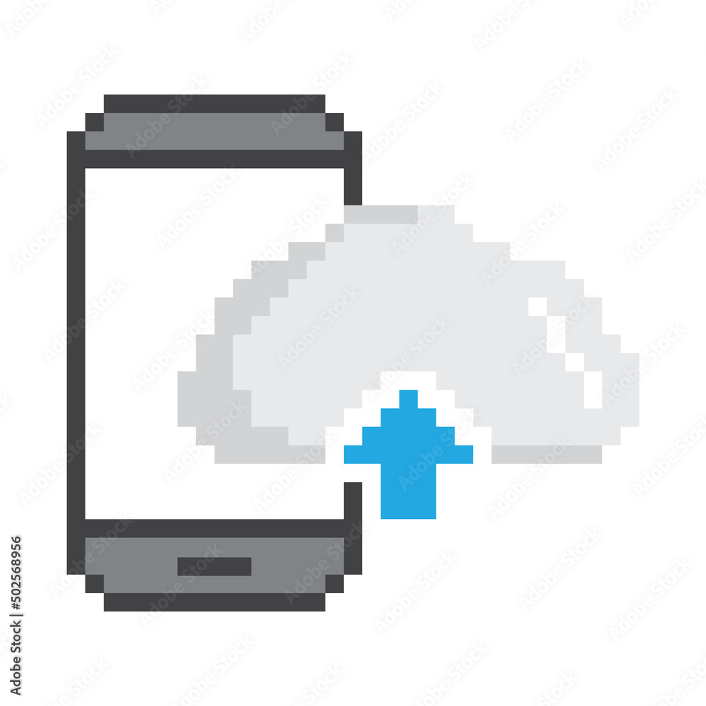 Poster pixel art mobile phone icon. pixel mobile phone with upload and download icon. cloud upload vector g