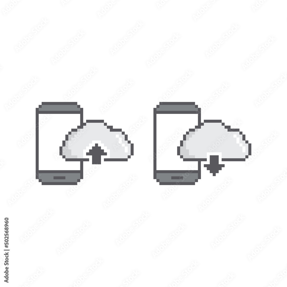 Poster pixel art mobile phone icon. pixel mobile phone with upload and download icon. cloud upload vector g