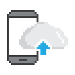 pixel art Mobile phone icon. pixel mobile phone with upload and download icon. Cloud upload  vector game 8 bit 