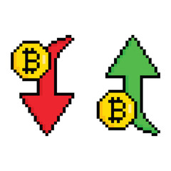 pixel art bitcoin  rate up and  down icon fall sign icon  vector game 8 bit 