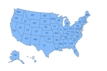 Map of the United States with vector to be used in infographics. States can be colored to show info. All layers are alphabetic order. State abbreviations are on a separate layer for quick turn on off.