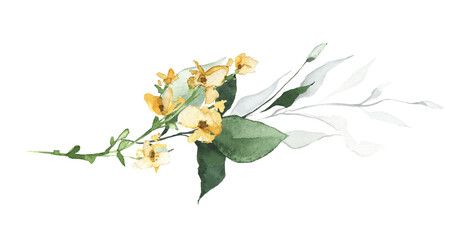 Watercolor bouquet with tiny yellow wild flowers, green branches, leaves, twigs. Hand drawn floral illustration