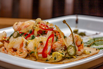 Bruschetta with fried Mediterranean shrimp and sauce