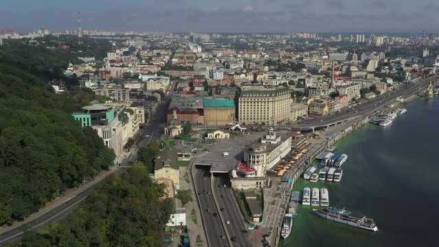 view of the river station and the historical part of the city of Podil