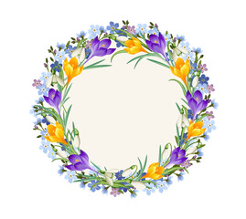 Blumen Kranz, mit gelbe und lila Krokusse, Schneeglöckchen und  Vergissmeinnicht,
Vektor Illustration isoliert auf weißem Hintergrund 

