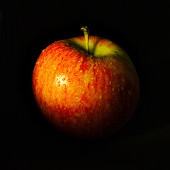 Fototapeta na wymiar Świeże dojrzałe czerwone jabłko na czarnym tle. Low key.