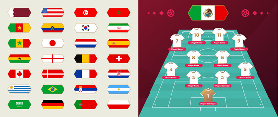 Set of national teams flag and line-up Qatar world cup Football 2022 tournament final stage vector illustration. Country team lineup table and Team Formation on Football Field. Vector country flags.