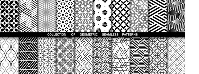 Geometric set of seamless black and white patterns. Simpless vector graphics