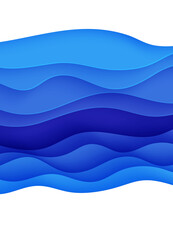 Abstract background with water waves in paper cut style. 3d wallpaper with cut out deep wavy modern cover. Blue color layers with smooth shadow papercut art. Vector illustration, origami shapes