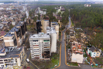 The aerial view of the destroyed and burnt buildings. The buildings were destroyed by russian...