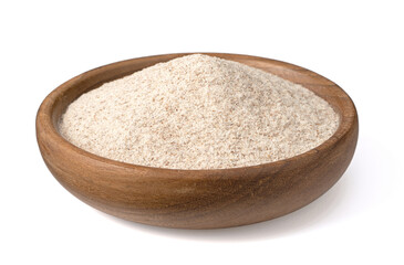 Raw rye flour in the wooden bowl, isolated on white background.