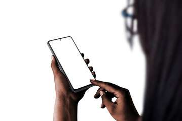 Phone mockup in woman hand, dark skin, low light isolated. Over shoulder view