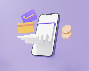 Pay money via app mobile Internet banking online payments bill card and coins floating on purple background, exchange transfer concept. cartoon minimal. 3d render illustration