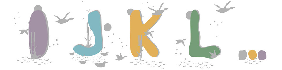 Set of hand drawn letters I, J, K, L. Flock of ducks, geese flies to moon, swim in pond among reeds. Abstract objects, spots, points, shadows. Vector illustration, birds, plants, water, pastel colors.