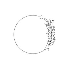 Floral round frame, wreath twig in outline and blot style on white background. Vector illustration for the design of banners, invitations, congratulations, advertising.