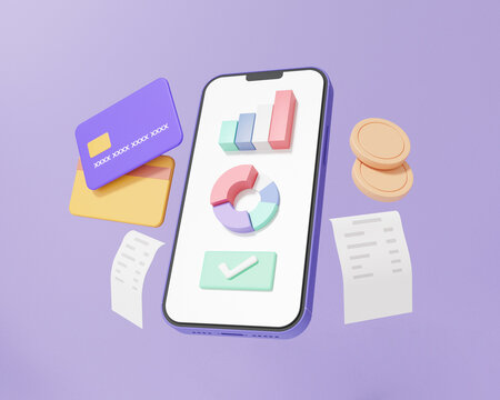 Statistics grow pay money via app mobile Internet banking online payments bill card and coins floating on purple background, exchange transfer concept. cartoon minimal. 3d render illustration