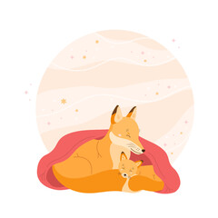 Baby animal concept illustration. Character for children in flat style. The cute fox and her little fox are sleeping under a blanket. Vector illustration for nursery.
