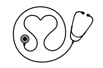 Heart shaped stethoscope icon vector isolated on white background. Healthcare symbol to use in health industry, cardiology, medical care, hospital, health science projects. 