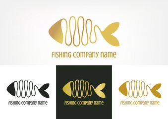 Golden fish logo. Elegant and stylish line icon for business brand identity. Graphic design for restaurant emblem, fishing company.