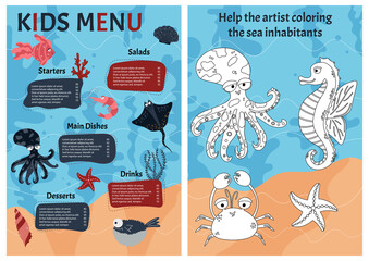 Fototapeta na wymiar Cute colorful vector template for children's menu with sea animals and logical children's game. Cartoon style.