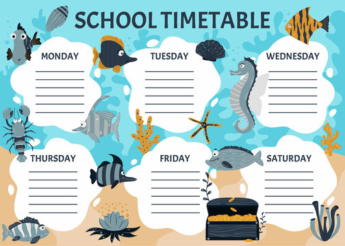 School timetable of classes in elementary school. Weekly planner template with cartoon sea animals. Vector graphics in cartoon style