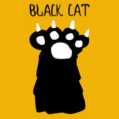 Paw of a black cat on a yellow background poster vector illustration