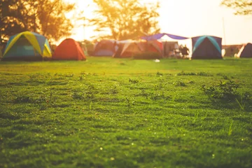 Kussenhoes Selectief gericht op gazon of groen grasveld van kampeerterrein in de buurt van het zeestrand. met kampeertent op de achtergrond. © Phongsak