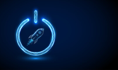 Abstract rocket flying in the space inside power button.