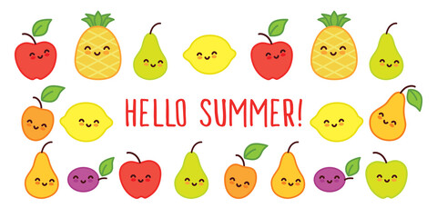 Hello summer. Banner with funny fruits. Hand drawn cute pineapple, apple, pear, plum, apricot, lemon for our design. Vector.