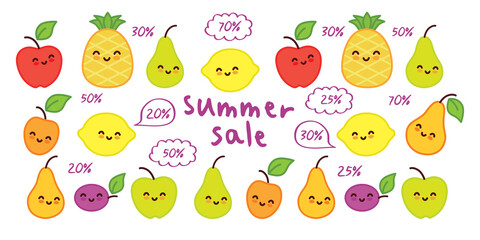 Summer sale. Funny fruits. Promotional banner with hand drawn cute pineapple, apple, pear, plum, apricot and lemon. Vector.
