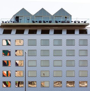 Vienna, Austria: minimalistic facade of  Radisson Red Vienna building at the Danube Chanel