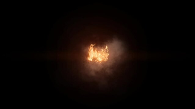 3D Animation on explosion of fire flames with sparks and smoke with alpha channel (transparent background) on top view. Easy use. Drag and drop in your project with any non-linear editing software lik
