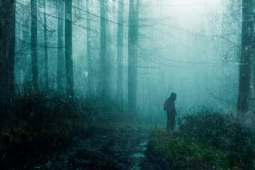 A mysterious hiker, silhouetted on a gloomy path. In a spooky foggy, winters forest. With a grunge,...