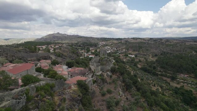 Aerial circling around Sortelha medieval castle, Portugal