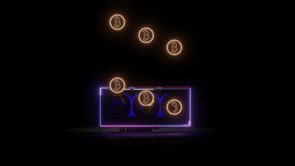 3D model of a video adapter with working coolers and flying bitcoin coins. cryptocurrency mining concept. 3d render