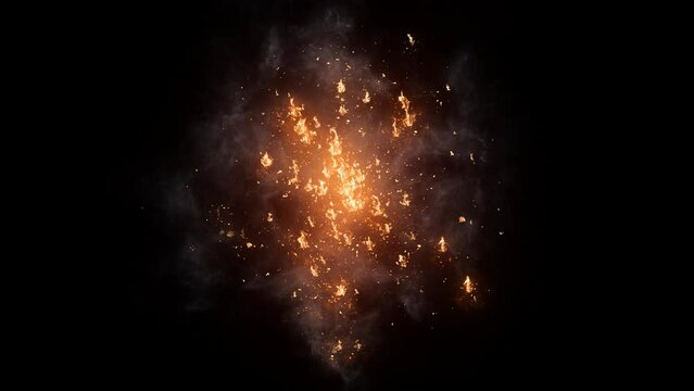 3D animation on realistic scattered fire from top view with smoke and sparks looped with alpha channel (transparency) in HQ 32bit Apple ProRes. Easy use. Drag and drop in your project with any non-lin