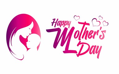 Happy Mothers Day letters. Calligraphy lettering. Mother's day card with mom and baby logo and heart,