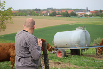 Obraz premium Landwirt beobachtet seine Herde auf der Wiese, Bio, Limousin, 