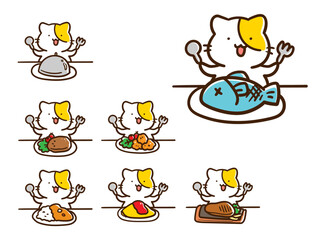 色々な料理を食べようとするかわいいねこのキャラクターの手書き風イラストセット