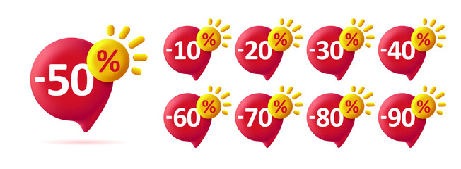 Set of summer sale badges in a shape of speech bubble with sun and percent discount. Vector illustration isolated