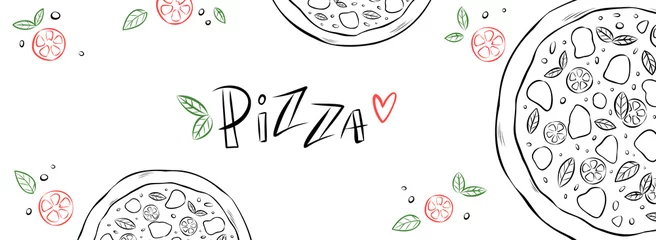 Foto op Plexiglas Neapolitan, Margherita pizza, top view. Hand-drawn vector banner for website, advert, social media or menu. Sketch illustration of traditional Italian dish made with tomatoes and mozzarella cheese. © Seja_aka_Lita