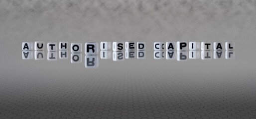 authorised capital word or concept represented by black and white letter cubes on a grey horizon background stretching to infinity - obrazy, fototapety, plakaty