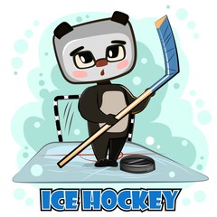 Cute kid panda, Bear on ice. Children winter sports. Illustration for children. Hockey stick and puck. Sport. Funny animal in cartoon style. Picture is isolated on white background. Vector