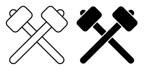 Linear icon, crossed hammers. Blacksmith craft, production of metal products. Simple black and white vector isolated on white background