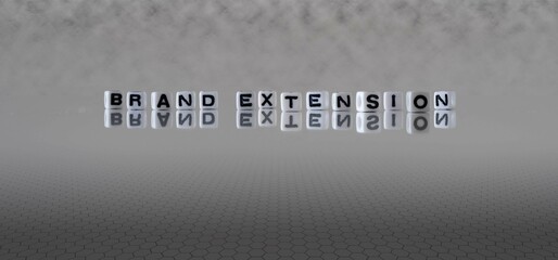 brand extension word or concept represented by black and white letter cubes on a grey horizon background stretching to infinity