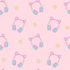 Pink headphones with cat ears flat vector seamless pattern. Cute gaming headphones and stars background. © Natalia