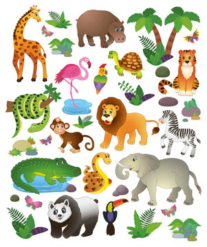 a large collection of funny African animals. jungle. vector illustration
