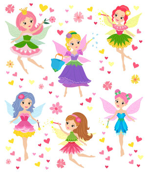 Set of vector illustrations in cartoon style. Cute girls fairies on a transparent background. Baby picture