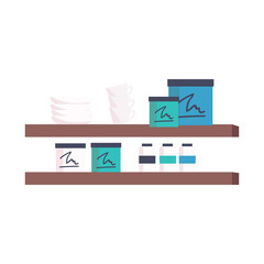 Shelves with protein powder containers and dinnerware semi flat color vector object. Full sized item on white. Simple cartoon style illustration for web graphic design and animation