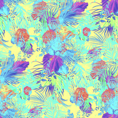 Fototapeta na wymiar Abstract seamless pattern with colorful silhouettes with rose and tropical leaves for bright summer textile and surface design